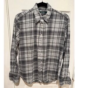 Lauren Ralph Lauren Womens Grey Black Plaid Flannel Button Down‎ Shirt Size M